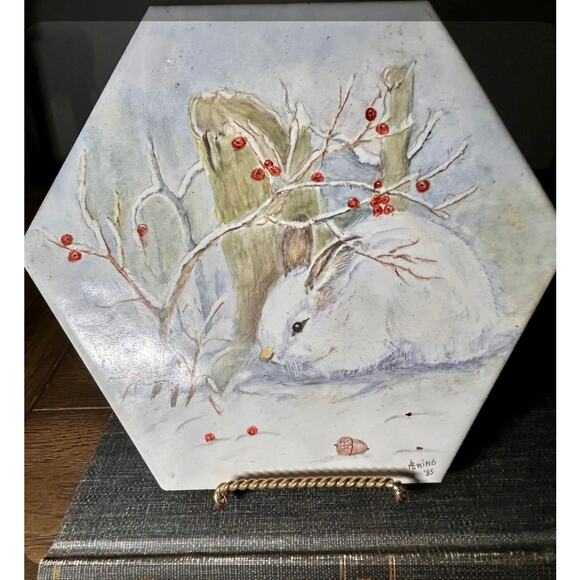 F. King ’85 Hand Painted Ceramic Tile Winter Bunny Snow Scene Hexagon Art - Picture 1 of 3